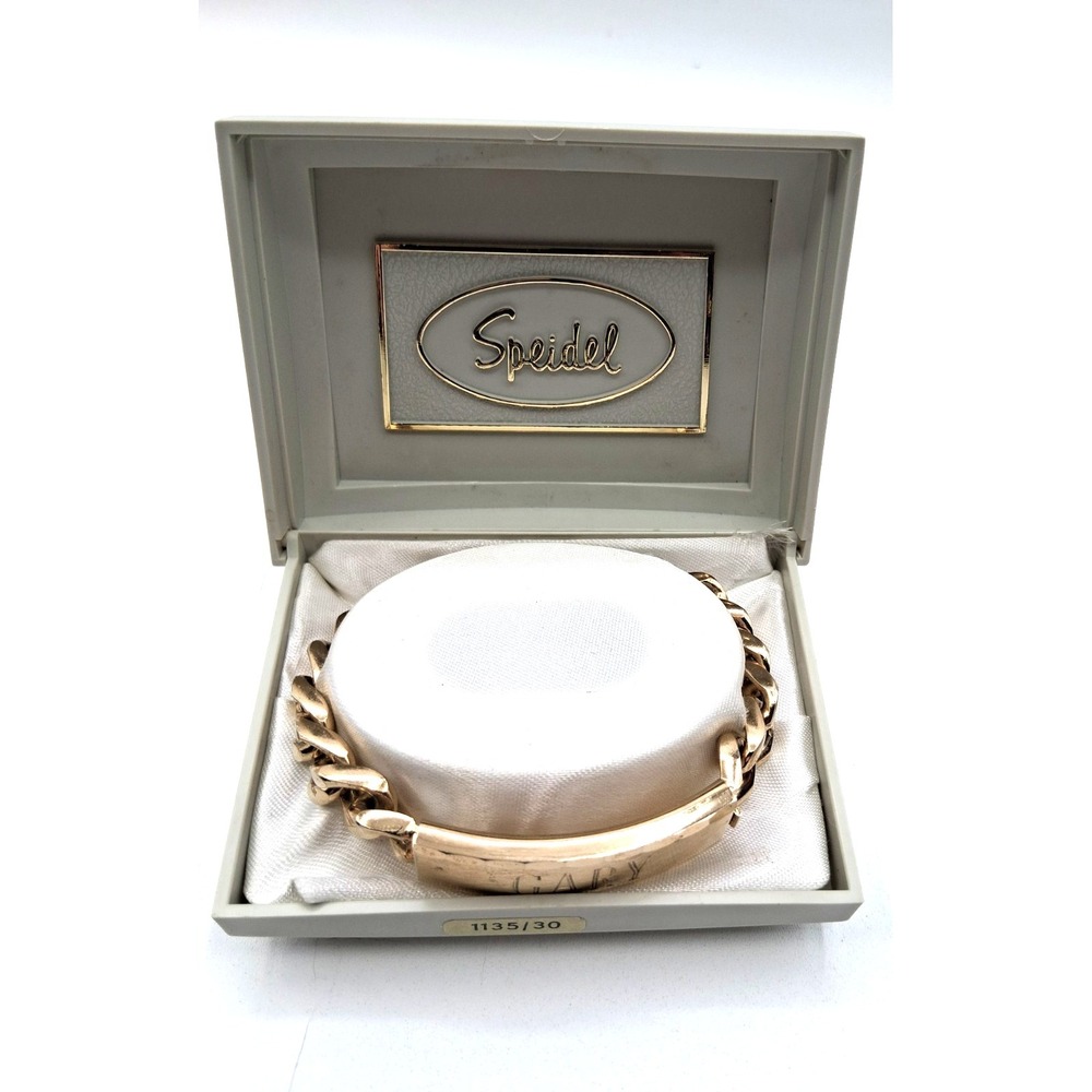 Vintage Speidel USA Men's Chunky Gold Tone ID Bracelet w/ Box Engraved Gary 9"